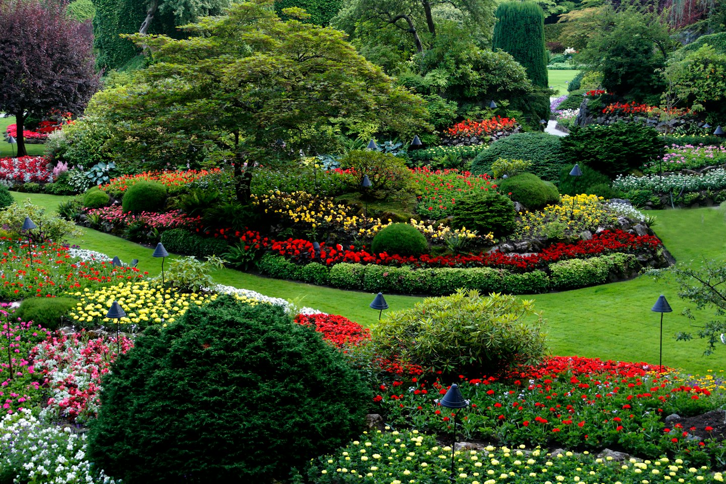 Manicured garden with vibrant flower beds and lush green lawns.
